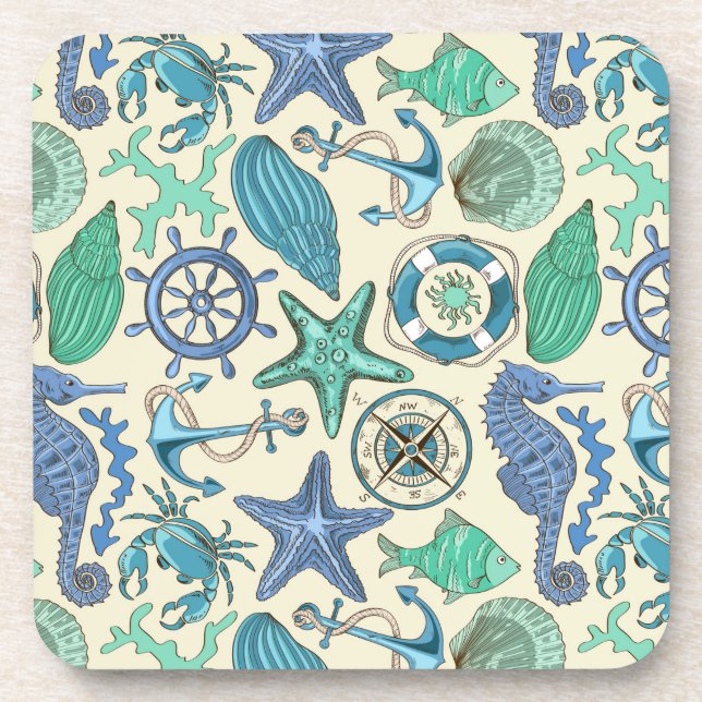 Teal Sea Animals Pattern Drink Coaster (Front)