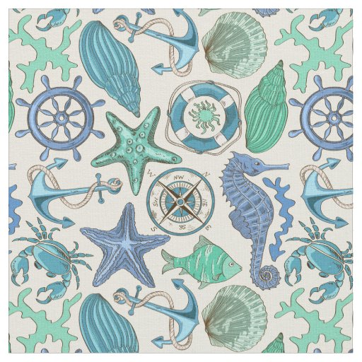 Teal Sea Animals Pattern Fabric