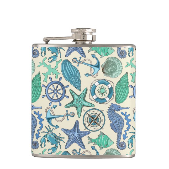 Teal Sea Animals Pattern Flask (Front)