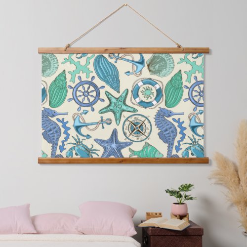 Teal Sea Animals Pattern Hanging Tapestry