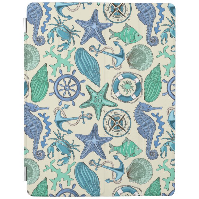 Teal Sea Animals Pattern iPad Smart Cover (Front)