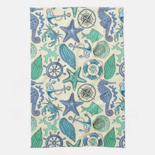 Teal Sea Animals Pattern Kitchen Towel
