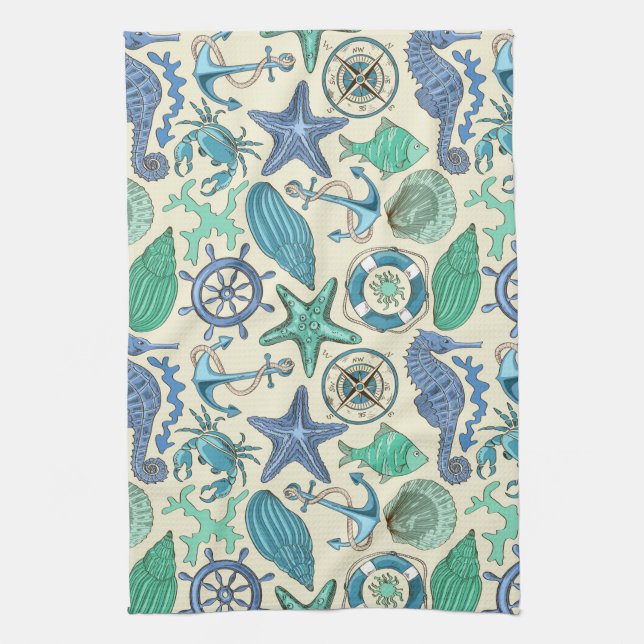 Teal Sea Animals Pattern Kitchen Towel (Vertical)