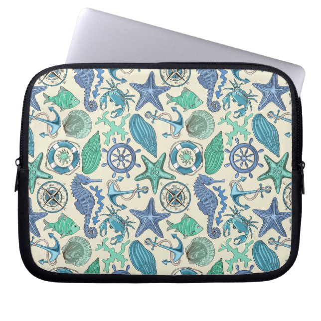 Teal Sea Animals Pattern Laptop Sleeve (Front)