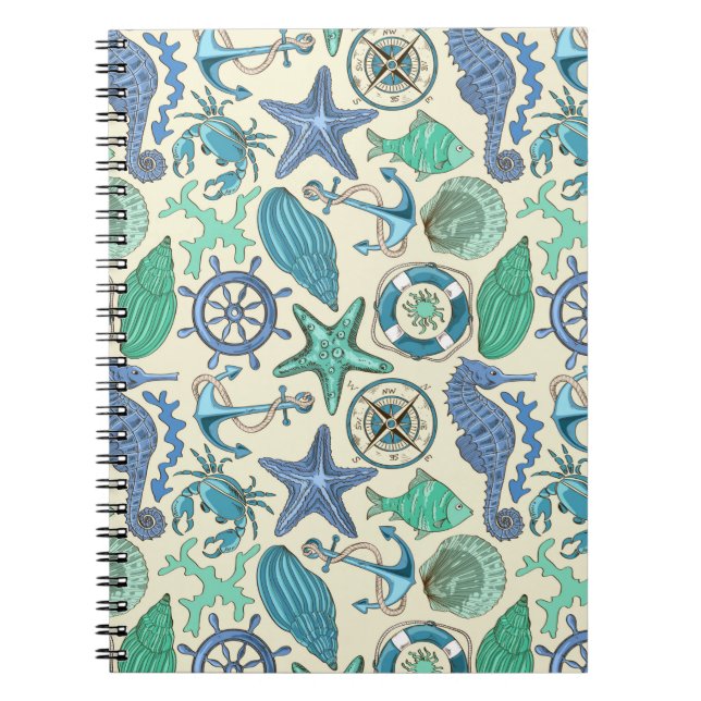 Teal Sea Animals Pattern Notebook (Front)