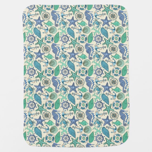 Teal Sea Animals Pattern Receiving Blanket (Front)