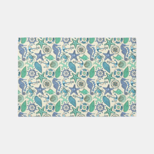 Teal Sea Animals Pattern Rug