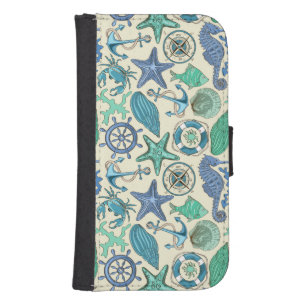 Teal Sea Animals Pattern Galaxy S4 Wallet Case