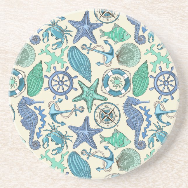 Teal Sea Animals Pattern Sandstone Coaster (Front)