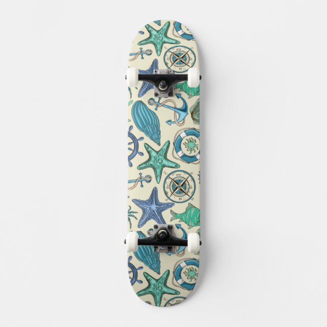 Teal Sea Animals Pattern Skateboard Deck (Front)