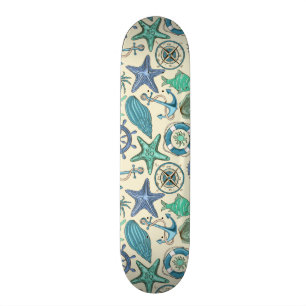 Teal Sea Animals Pattern Skateboard Deck