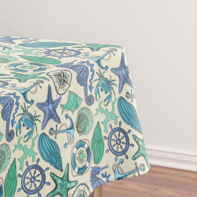 Teal Sea Animals Pattern Tablecloth (In Situ)