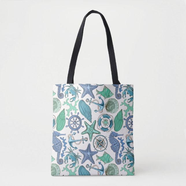 Teal Sea Animals Pattern Tote Bag (Front)