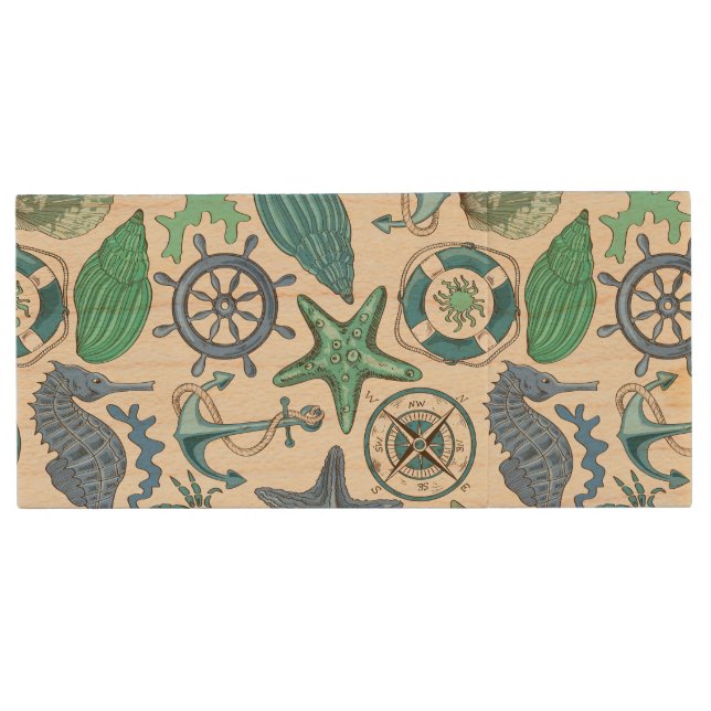 Teal Sea Animals Pattern Wood USB Flash Drive (Front)