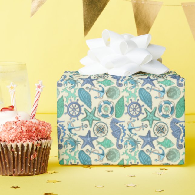Teal Sea Animals Pattern Wrapping Paper (Birthday Party)