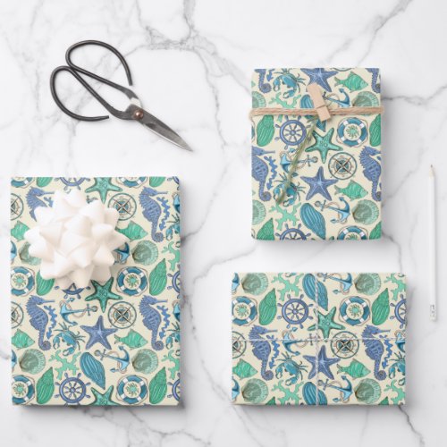 Teal Sea Animals Pattern Wrapping Paper Sheets