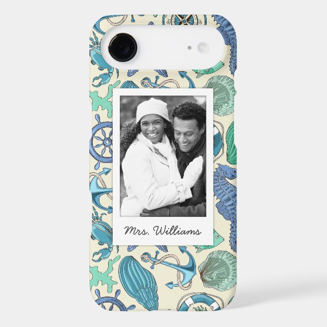 Teal Sea Animals Pattern | Your Photo & Name Case-Mate iPhone Case (Back)