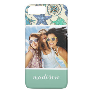 Teal Sea Animals Pattern Your Photo & Name iPhone 8 Plus/7 Plus Case