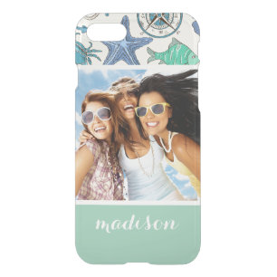 Teal Sea Animals Pattern Your Photo & Name iPhone SE/8/7 Case
