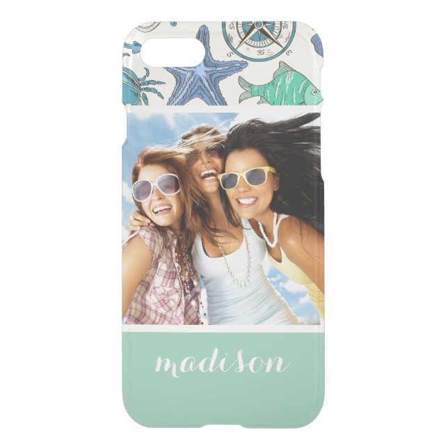Teal Sea Animals Pattern | Your Photo & Name Uncommon iPhone Case (Back)