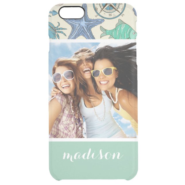 Teal Sea Animals Pattern | Your Photo & Name Uncommon iPhone Case (Back)