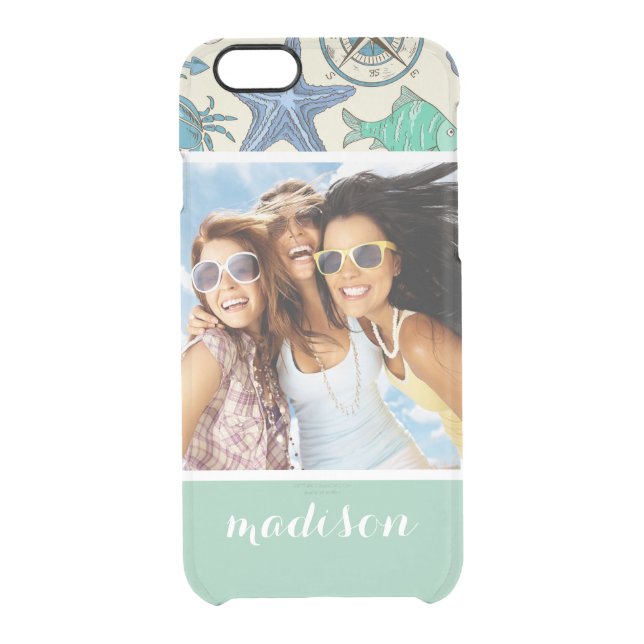 Teal Sea Animals Pattern | Your Photo & Name Uncommon iPhone Case (Back)