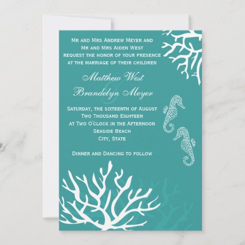 Teal Sea Coral Seahorse Wedding Invitations