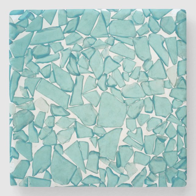 Teal Sea Glass Nautical Print Stone Coaster (Front)