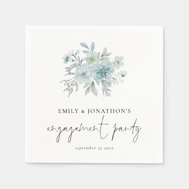 Teal Sea Mist Florals Script Engagement Party Napkins (Front)