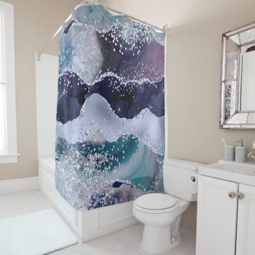  Teal Sea Ocean Agate Pearl  GLITTER AP8    Shower Curtain
