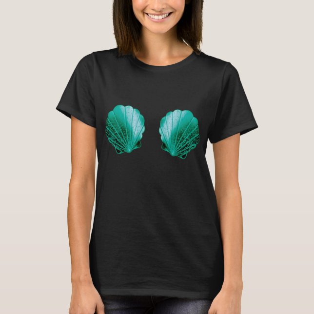Teal Sea Shell Mermaid Bra Halloween Costume T-Shirt (Front)