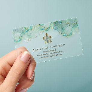 teal sea turtle design clear business cards
