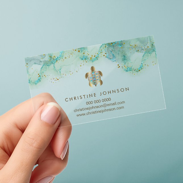 teal sea turtle design clear business cards (Handheld)