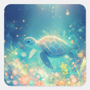 Teal Sea Turtle Swimming in Glowing Magical Pond Square Sticker