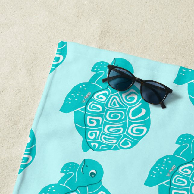 Teal Sea Turtles Pattern Aqua Beach Towel (In Situ)