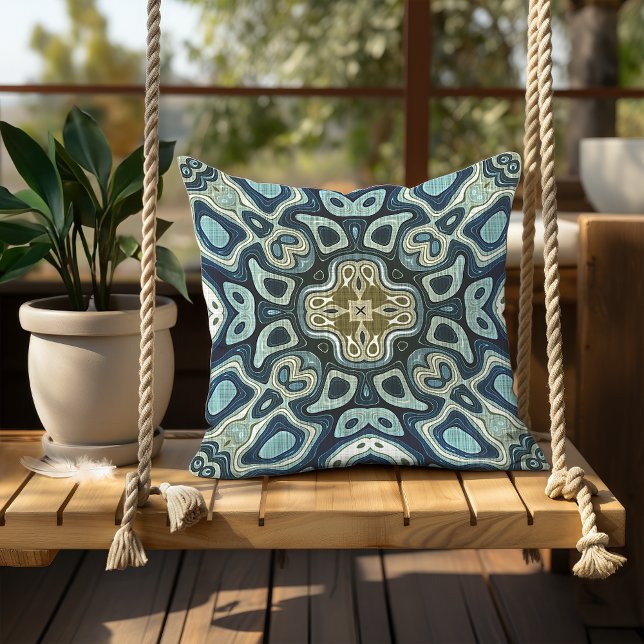 Teal Seafoam Blue Mustard Green Orient Tribal Art Outdoor Pillow (Creator Uploaded)