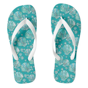 Teal, seafoam sea shells, turquoise background flip flops