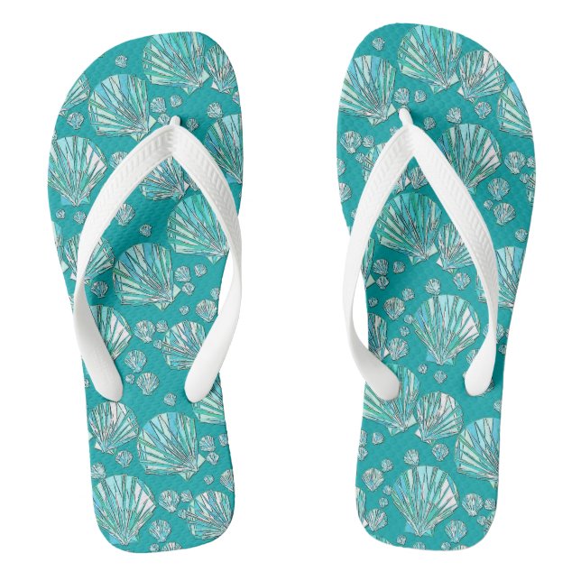 Teal, seafoam sea shells, turquoise background flip flops (Footbed)