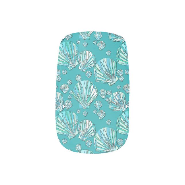 Teal, seafoam sea shells, turquoise background minx nail wraps (Left Thumb)