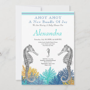 Teal Seahorse, Ahoy Baby Shower invitation