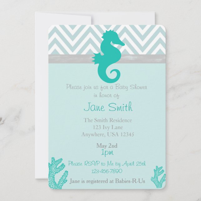 Teal Seahorse Beach Themed Baby Shower Invitation (Front)