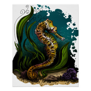 Teal Seahorse Ocean Aesthetic Calm Coastal Design Poster