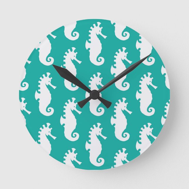 Teal Seahorse Pattern 1 Round Clock (Front)