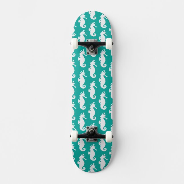 Teal Seahorse Pattern 1 Skateboard Deck (Front)
