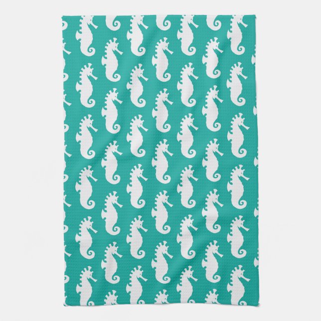 Teal Seahorse Pattern 1 Towel (Vertical)