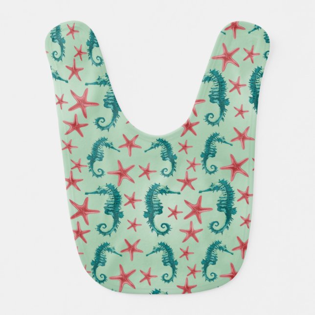 Teal Seahorse Pattern 2 Baby Bib (Front)