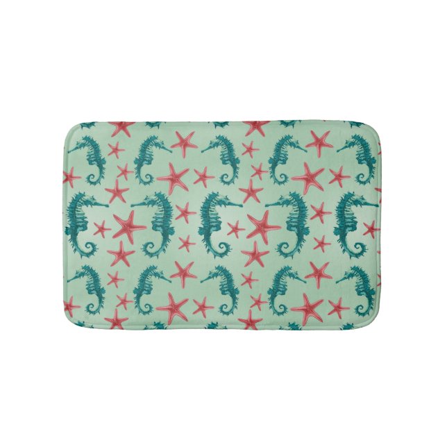 Teal Seahorse Pattern 2 Bathroom Mat (Front)