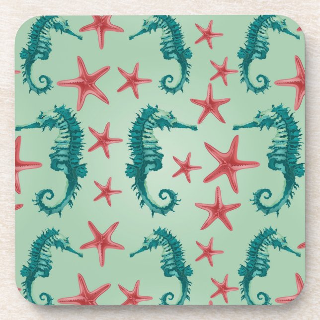 Teal Seahorse Pattern 2 Drink Coaster (Front)