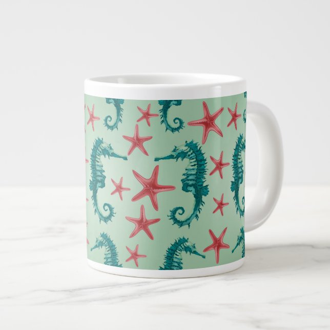 Teal Seahorse Pattern 2 Giant Coffee Mug (Front Right)