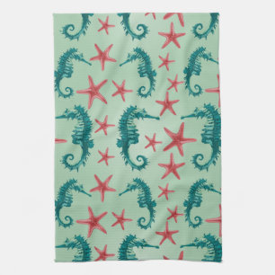 Teal Seahorse Pattern 2 Kitchen Towel